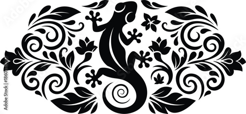 Elegant lizard silhouette with decorative floral scrollwork and symmetrical leaf vine elements for creative vinyl cutting and artistic graphic design projects.
