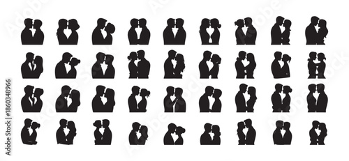Big set of black silhouette icons of diverse couples kissing and loving, LGBTQ+ and heterosexual romantic relationship symbols, minimalist inclusive love collection for wedding and Valentine's Day des