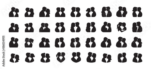 Big set of black silhouette icons of diverse couples kissing and loving, LGBTQ+ and heterosexual romantic relationship symbols, minimalist inclusive love collection for wedding and Valentine's Day des