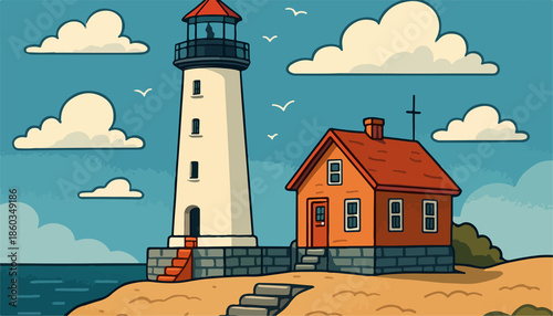 Whimsical cartoon illustration depicting a sturdy white lighthouse standing tall next to a quaint orange keeper's cottage on a sunny coastal shoreline under a bright blue sky filled with stylized clou