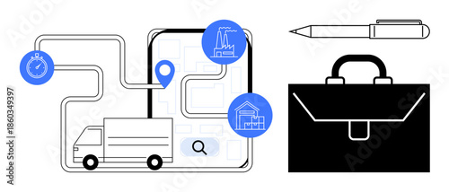 Supply chain, delivery optimization, route planning, business tools, time management, industrial logistics. Map with routes and icons, truck briefcase and pen. Supply chain and delivery