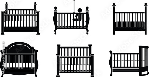 Baby crib silhouette set, nursery furniture collection with modern classic designs, infant bed icons, childcare equipment vector illustration pack