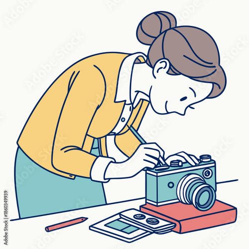 Woman working with vintage camera and slides