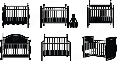 Baby crib silhouette set, nursery furniture collection, infant bed designs, wooden cot styles, black isolated vector illustration, white background, minimalBaby 