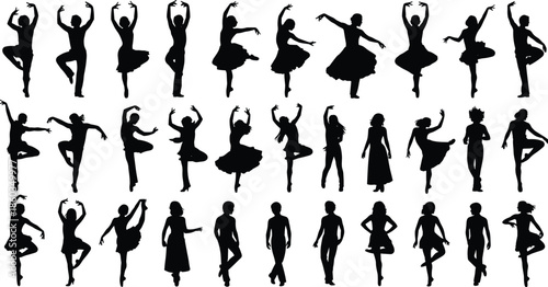 ballet dancer silhouettes collection, elegant dance poses isolated, classical female movement art set, performance illustration for design projects advertising branding