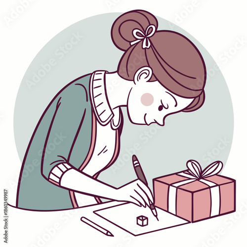Woman writing a gift card with present nearby