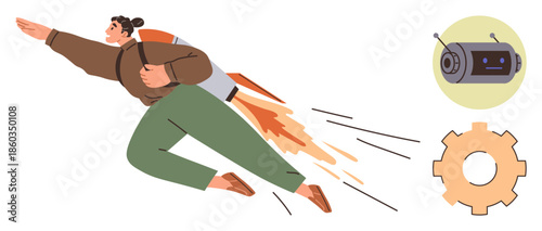 Person soaring with a rocket backpack, symbolizing ambition and innovation. Nearby are gear and robot head icons, representing technology and automation. Ideal for creativity, progress, engineering