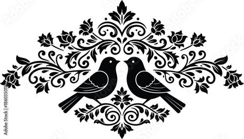 Decorative vintage bird illustration with symmetrical floral scrollwork and flower ornaments for tattoo or graphic design.