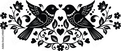 Traditional folk art style illustration of two birds with floral ornaments and hearts for greeting cards.