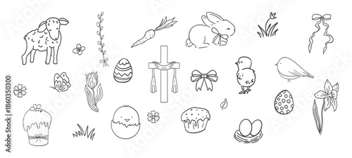 Easter spring basket with flowers, eggs and bows. Chickens, leaves sketchy free hand spring bouquet. Easter cute set. 