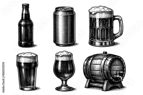 Vintage beer and ale collection with bottles, cans, and barrel in engraved style