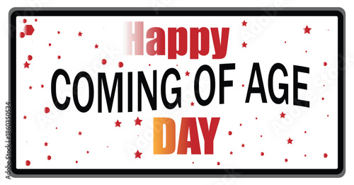 Coming of age day gradient and black text. with small red star and circle on a white background