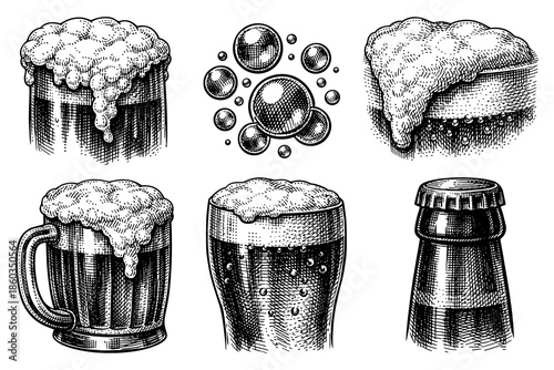 Vintage hand-drawn beer mugs and bottles with foam bubbles