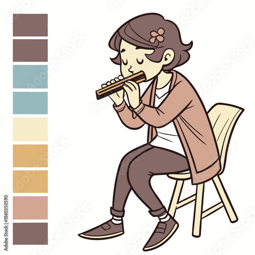 Young girl playing a flute while sitting on a chair