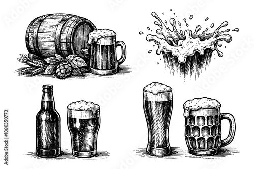 Vintage beer collection with barrels, hops, splash, and mug designs