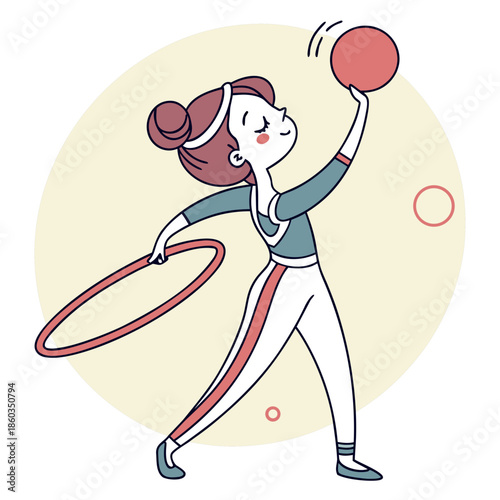 Young girl practicing rhythmic gymnastics with hoop and ball