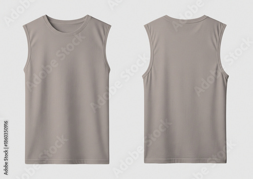 Fotografía Soft Cream Sleeveless T-Shirt Mockup, Front and Back Views on Light Gray Backgro