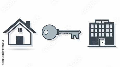 Real Estate Icons - House, Key, and Building Representing Property Ownership.