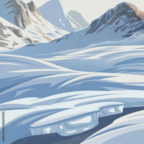 A breathtaking winter mountain landscape features snow-covered peaks under a bright alpine sky in the European Alps, offering a cold panoramic view of a white glacier and rocky nature during ski seaso