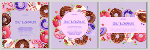 Colorful background with delicious donuts. The concept of confectionery, baking, cooking. Vector illustration for the design of posters, flyers, postcards and invitations