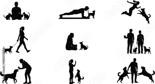 People with dogs silhouettes collection, pet owners walking training playing and bonding, human canine lifestyle activities, black vector illustration set