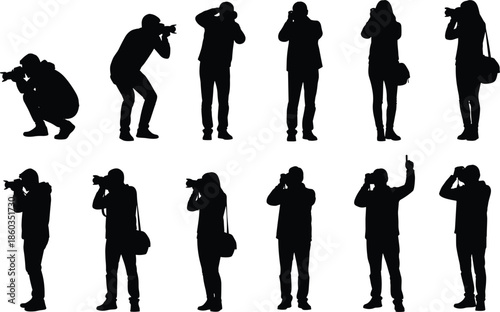 Photographer silhouettes collection capturing different shooting poses, professional photography action, camera usage concept, creative media work, black vector illustration