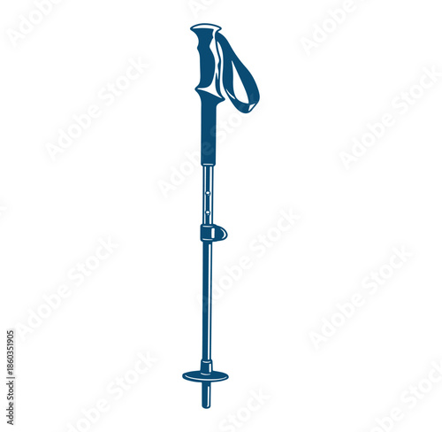 Isolated silhouette illustration of a hiking trekking pole with blue tinted color against white background