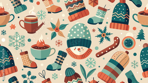 Seamless Cozy Winter Icons Vector Pattern