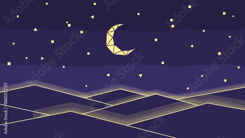 Geometric Moon and Mountain Landscape at Night.