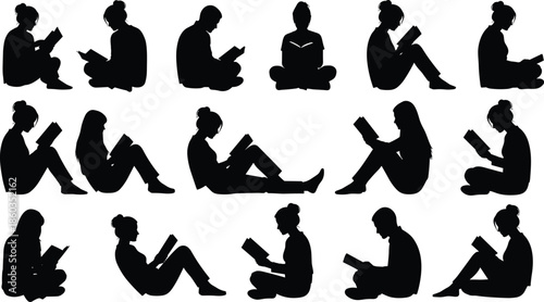 Reading people silhouettes collection, men and women sitting with books, education learning lifestyle concept, black vector illustration set design pack