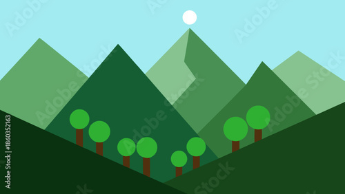 Geometric Mountain Landscape with Trees and Sunlight Illustration.