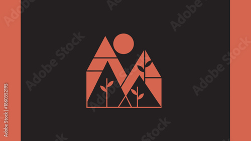 Geometric Mountain Landscape with Sun and Trees in Minimalist Style.