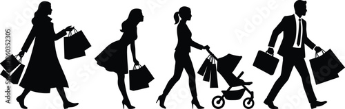 Shopping silhouettes of men and women carrying bags, modern consumer lifestyle, retail fashion concept, family shopping activity, black vector illustration