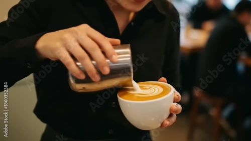 Barista Preparing Coffee Drink with Steamed Milk.