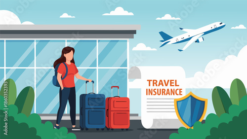 Travel Insurance Vector Illustration of a Woman with Luggage at Airport, Protection Shield