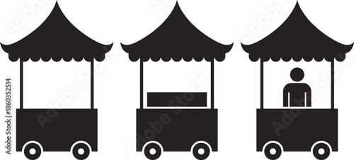 Street vendor cart silhouettes set, mobile food stalls with canopy and seller, market kiosk icons, flat black vector illustration