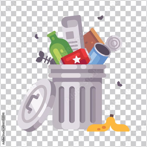 Illustration of a overflowing garbage can with various types of trash, including bottles, cans, paper, and food waste on a transparent background