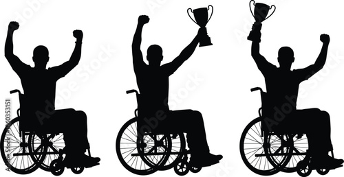 Wheelchair athlete celebrating victory, disabled sports champion silhouette holding trophy, success determination motivation inspiration achievement triumph strength resilience empowerment excellence