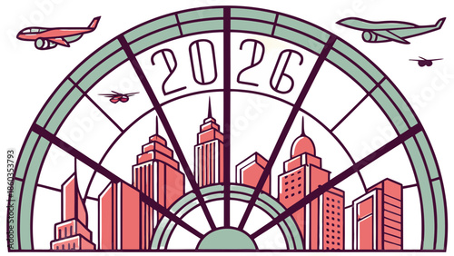 Stained Glass Window Cityscape 2026 Aircraft Vector,  A vector illustration in a stained glass style, showing an arched window view of a cityscape with futuristic aircraft and the year "2026" within 