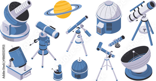 Isometric astronomy equipment illustration set with telescopes observatory domes satellite dish and planet space science concept