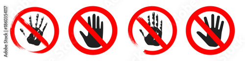 Prohibition hand sign in striking red warns against unauthorized entry set. Clear stop symbol communicates danger, restricted access, and forbidden touch zones effectively.
