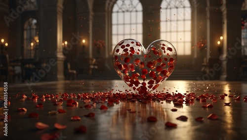 A romantic Christmas celebration features a heart-shaped arrangement of candles in the church and red decorations on a holiday tree glowing under the night light for a festive wallpaper design