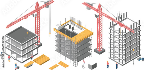 Isometric construction site illustration with tower cranes building structures workers and materials urban development architecture industry concept