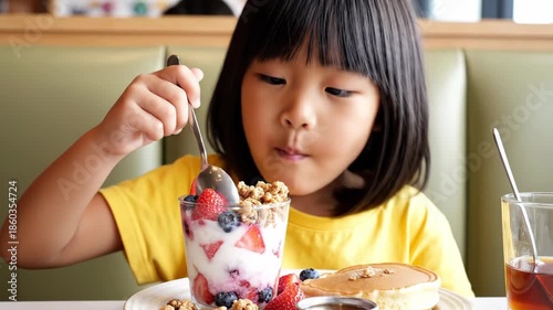 Young girl enjoying breakfast food with spoon and drink closeup