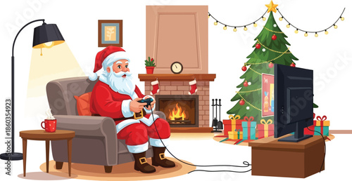 Santa claus relaxes playing video games in a festive living room during the christmas holiday season
