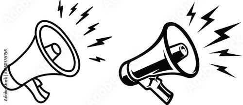 Megaphone icon collection with various styles and designs on a white background for effective communication.Four Black Silhouette Megaphone Icons on White Background bullhorn loudspeaker
