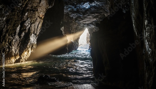 A breathtaking ray of golden sunlight pierces the profound darkness inside a mysterious sea cave, illuminating the serene waters and ancient rock formations