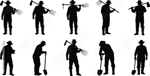 Farmer silhouette set, agriculture worker poses, rural farming tools, shovel pitchfork hoe, countryside labor concept, black isolated vector illustration