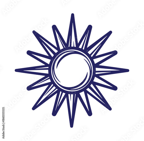 Simple vector illustration of a blue sunburst design element with pointed rays and outer circle