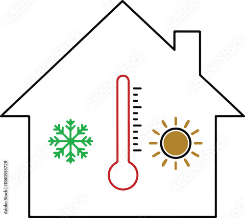 Home climate control and HVAC system icon with thermometer, snowflake, and sun for heating and cooling concept.

